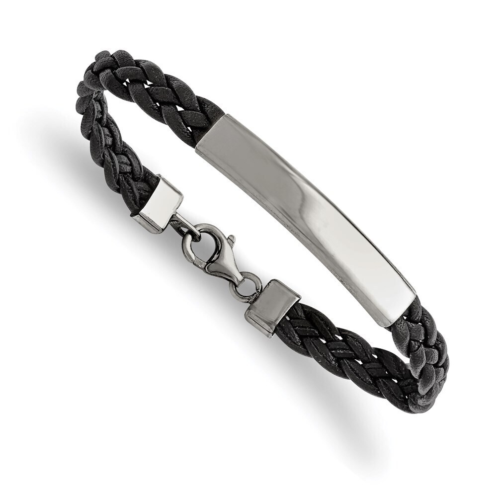 Kazi Luxury Steel Polished Braided Black Leather 8in ID Bracelet